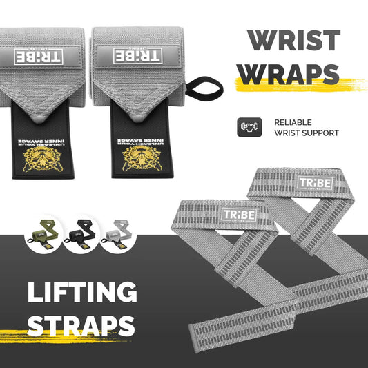 Gray Tribe Lifting wrist wraps and lifting straps set with reliable wrist support, silicone grip straps, padding, and reinforced materials for weightlifting and strength training stability.