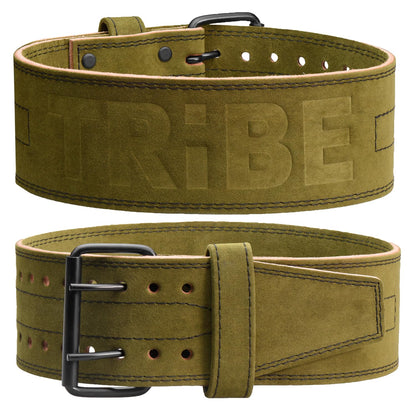Green Alcantara Tribe Lifting 5mm genuine leather weight lifting belt with front and back views