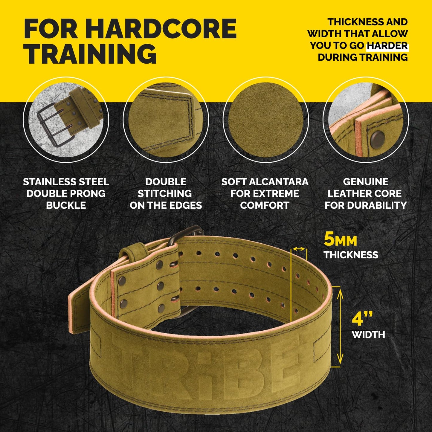 Green Alcantara Tribe Lifting 5mm genuine leather weight lifting belt showing double prong buckle stitching Alcantara finish leather core and 4 inch width for hardcore training