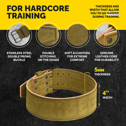 Green Alcantara Tribe Lifting 5mm genuine leather weight lifting belt showing double prong buckle stitching Alcantara finish leather core and 4 inch width for hardcore training