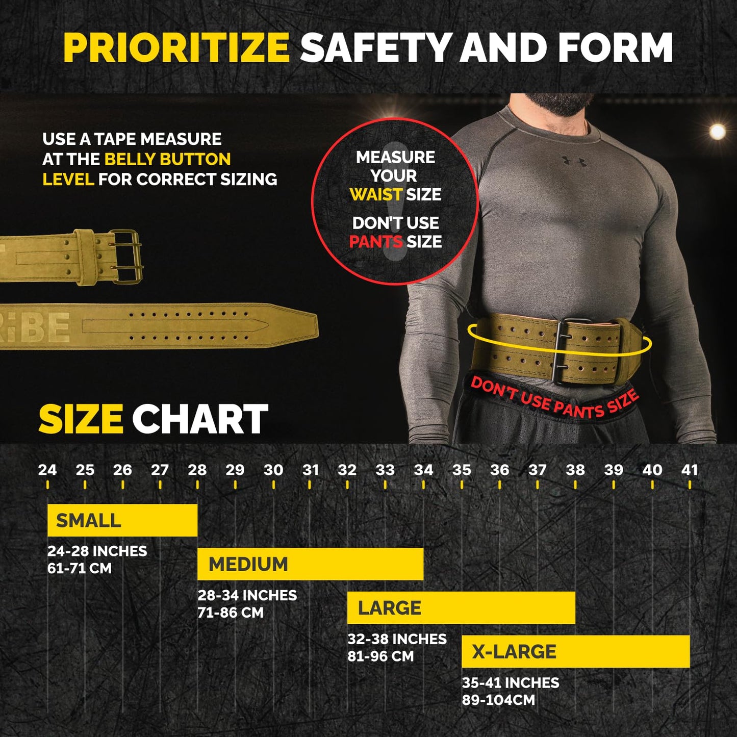 Size chart for the green Alcantara Tribe Lifting 5mm genuine leather weight lifting belt with waist measurement guidance and small to x-large sizing