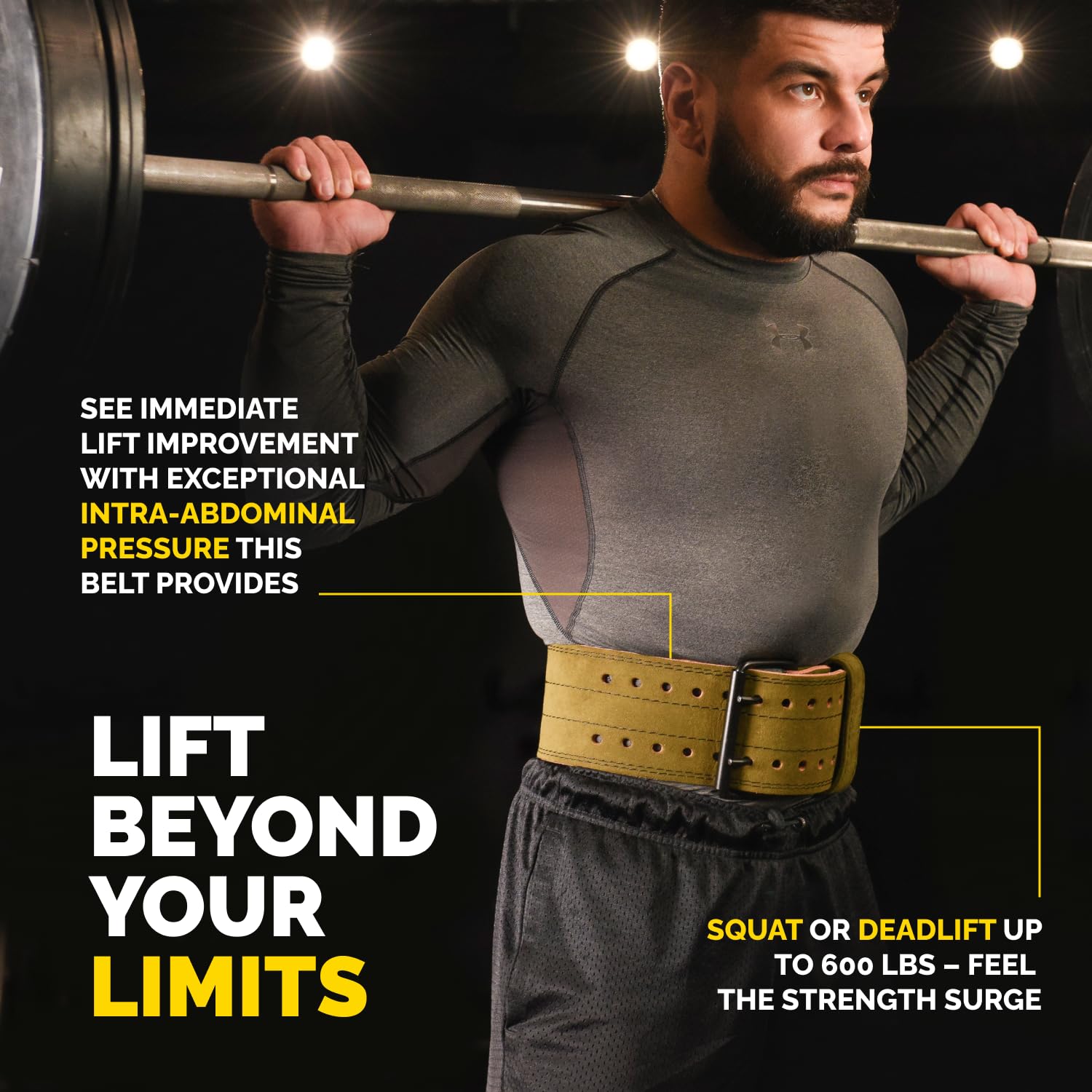 Man wearing the green Alcantara Tribe Lifting 5mm genuine leather weight lifting belt while performing a barbell squat for added core support and lifting stability