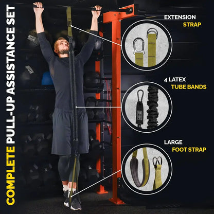 Man using the green Tribe Lifting complete pull-up assistance set with extension strap, four latex tube bands, and large foot strap for assisted pull-up training.