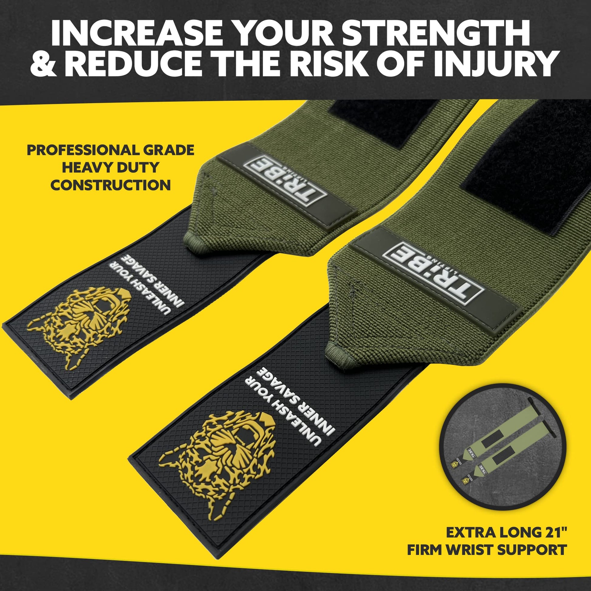 Green Tribe Lifting heavy-duty 21 inch wrist wraps close-up showing professional grade construction, firm wrist support, reinforced materials, and padded stability for weightlifting.