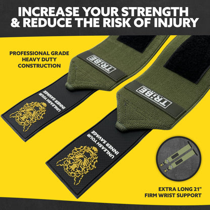Green Tribe Lifting heavy-duty 21 inch wrist wraps close-up showing professional grade construction, firm wrist support, reinforced materials, and padded stability for weightlifting.