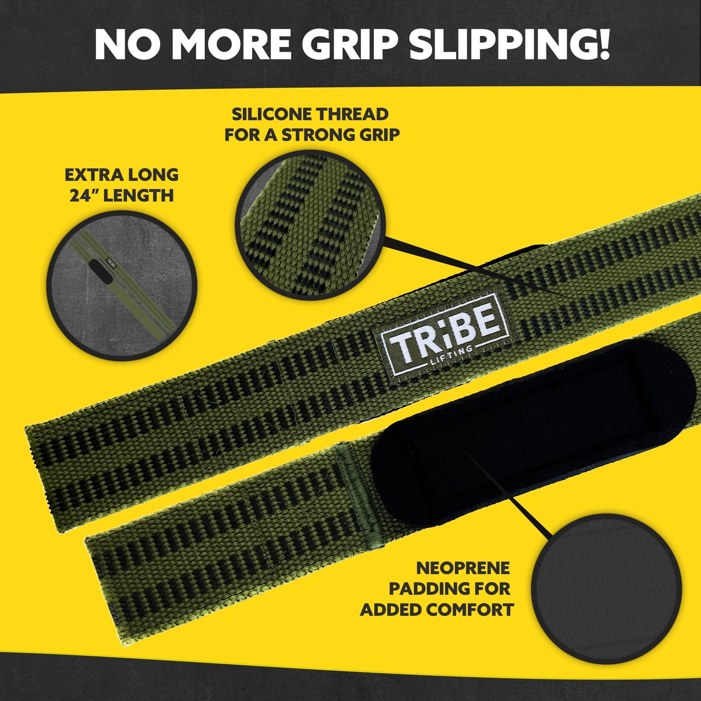 Green Tribe Lifting heavy-duty 24 inch lifting straps with silicone thread for strong grip, neoprene padding for comfort, and extra long design to help prevent grip slipping during weightlifting.