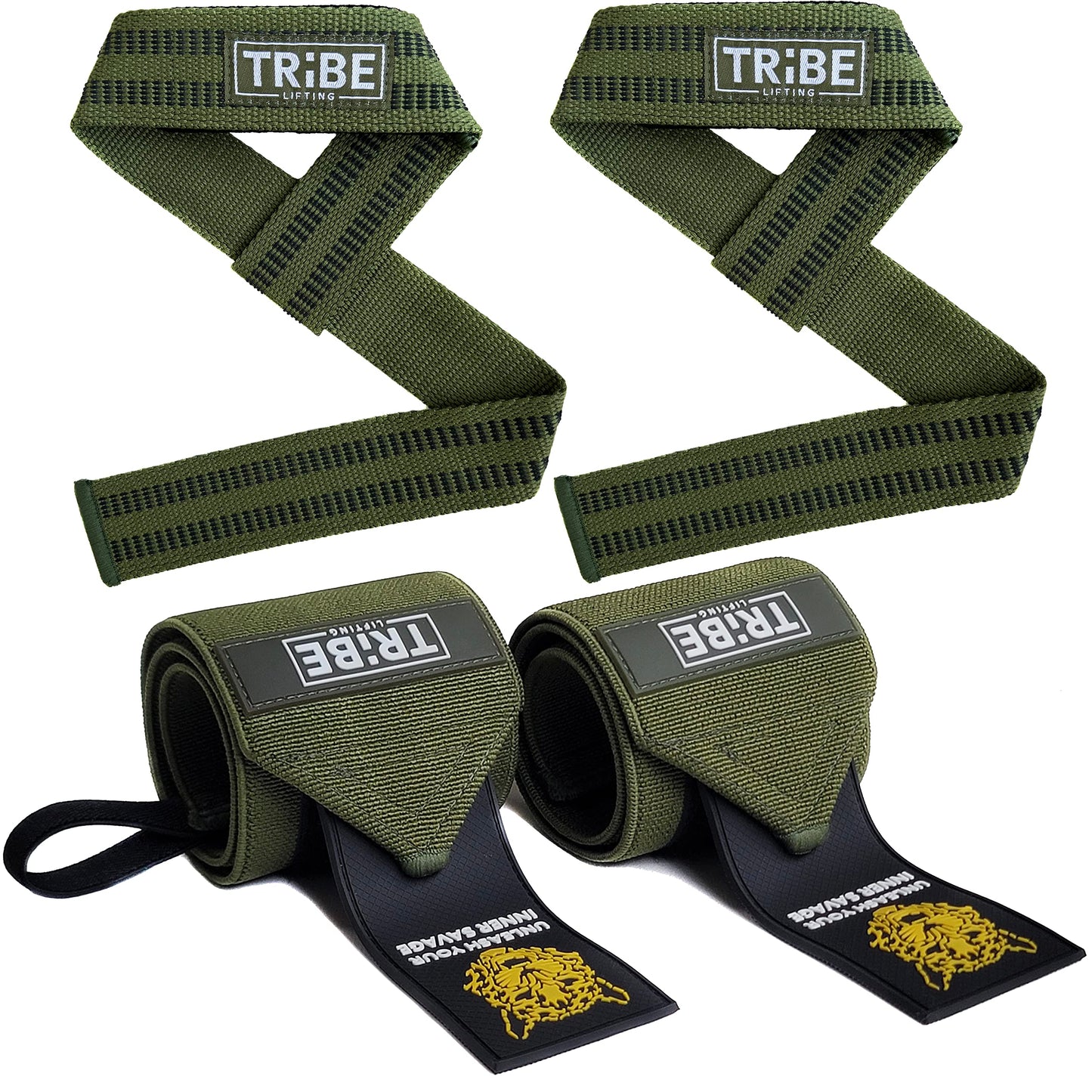 Green Tribe Lifting heavy-duty wrist wraps and lifting straps set with silicone grip, padded wrist support, reinforced materials, and professional grade stability for weightlifting and strength training.