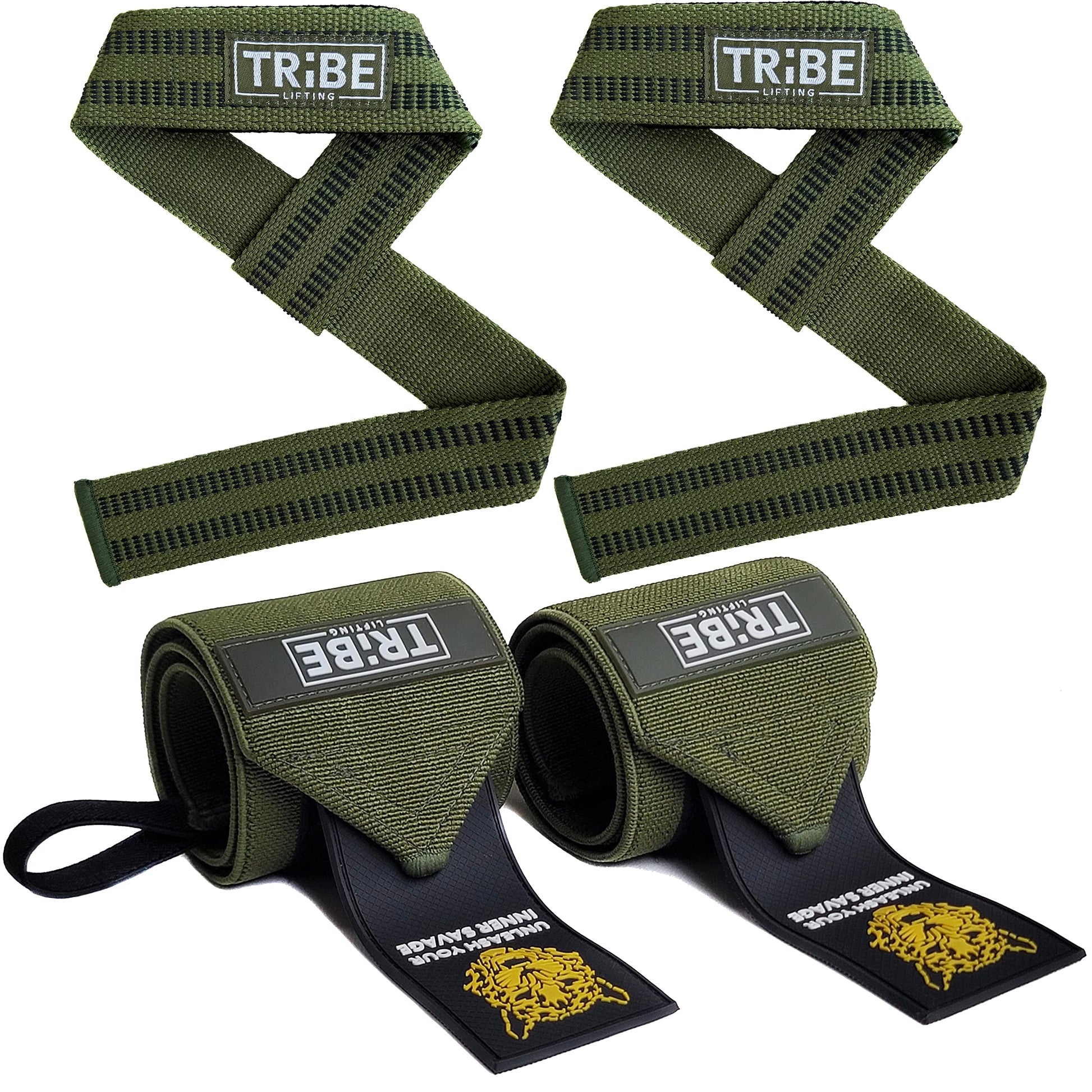 Green Tribe Lifting heavy-duty wrist wraps and lifting straps set with silicone grip, padded wrist support, reinforced materials, and professional grade stability for weightlifting and strength training.