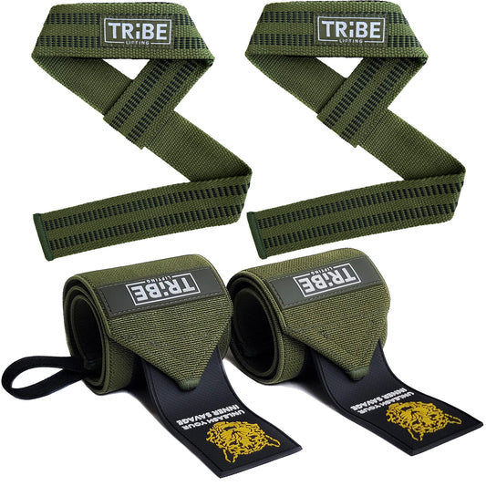 Green Tribe Lifting heavy-duty wrist wraps and lifting straps set with silicone grip, padded wrist support, reinforced materials, and professional grade stability for weightlifting and strength training.