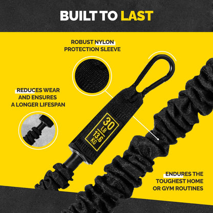 Close-up of the Tribe Lifting 30 lb nylon resistance band showing robust protection sleeve, durable covered tube design, reduced wear, and long-lasting construction for home or gym strength training.