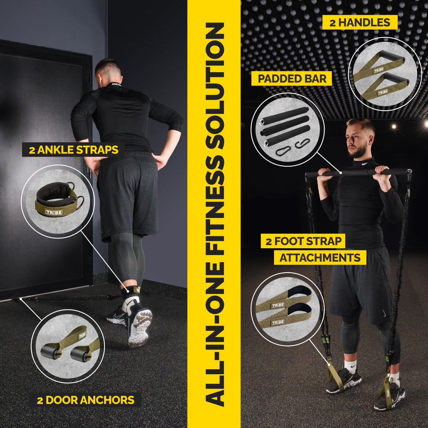 Man using the green Tribe Lifting nylon resistance bands set with padded bar, handles, ankle straps, door anchors, and foot strap attachments for an all-in-one home gym strength training solution.