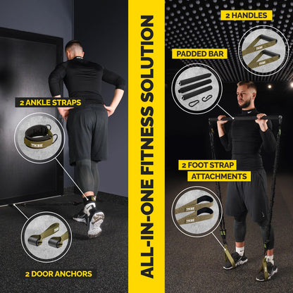 Man using the green Tribe Lifting nylon resistance bands set with padded bar, handles, ankle straps, door anchors, and foot strap attachments for an all-in-one home gym strength training solution.