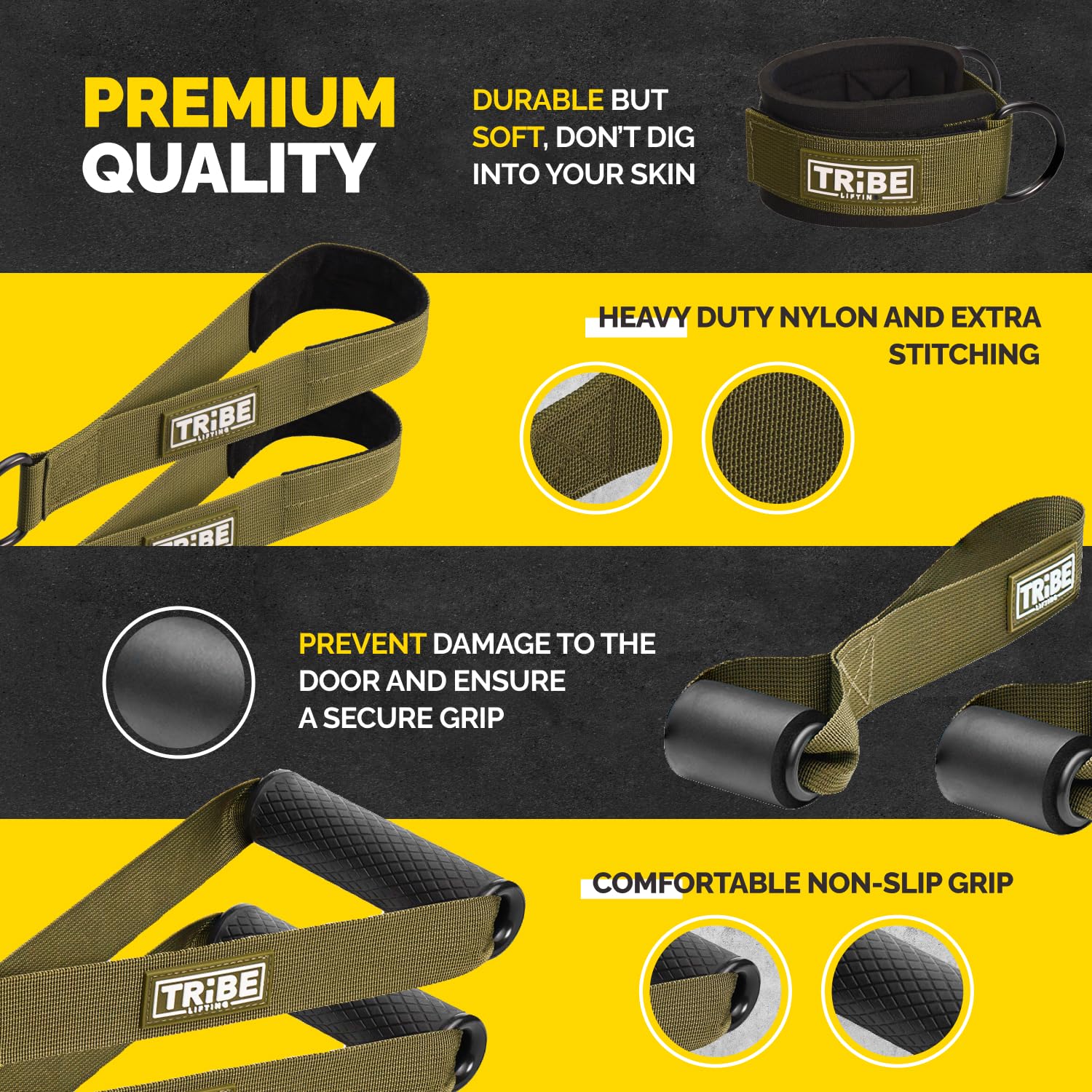 Green Tribe Lifting premium quality nylon resistance bands set showing heavy-duty nylon, extra stitching, soft ankle straps, door anchors, and comfortable non-slip grip attachments for home strength training.