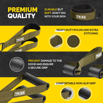 Green Tribe Lifting premium quality nylon resistance bands set showing heavy-duty nylon, extra stitching, soft ankle straps, door anchors, and comfortable non-slip grip attachments for home strength training.