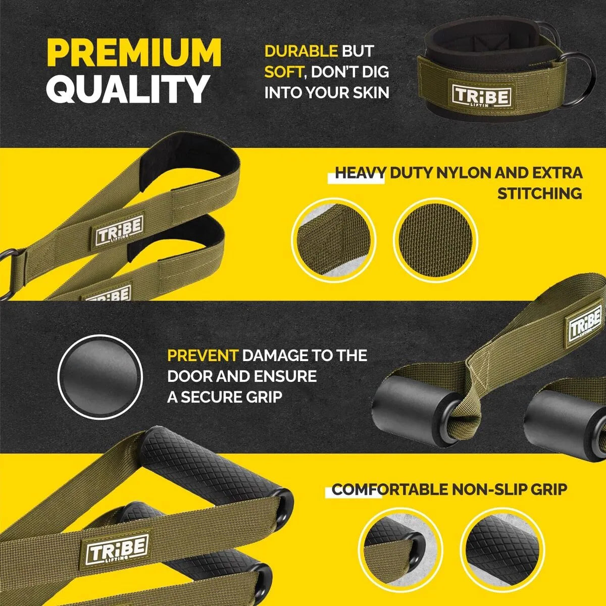 Green Tribe Lifting premium quality nylon resistance bands set showing heavy-duty nylon, extra stitching, soft ankle straps, door anchors, and comfortable non-slip grip attachments for home strength training.