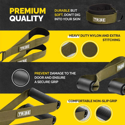 Green Tribe Lifting premium quality nylon resistance bands set showing heavy-duty nylon, extra stitching, soft ankle straps, door anchors, and comfortable non-slip grip attachments for home strength training.