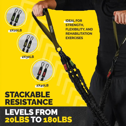 Man using the green Tribe Lifting nylon resistance bands with stackable resistance levels from 20 lbs to 180 lbs, ideal for strength, flexibility, and rehabilitation exercises.