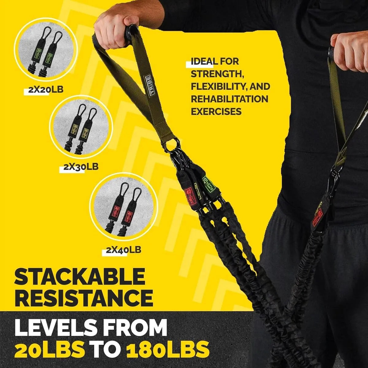 Man using the green Tribe Lifting nylon resistance bands with stackable resistance levels from 20 lbs to 180 lbs for strength, flexibility, and rehabilitation exercises.