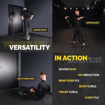 Man using the green Tribe Lifting nylon resistance bands set for lower body, upper body, and back exercises, showing versatile workouts like seated rows, hip abduction, curls, and chest fly.