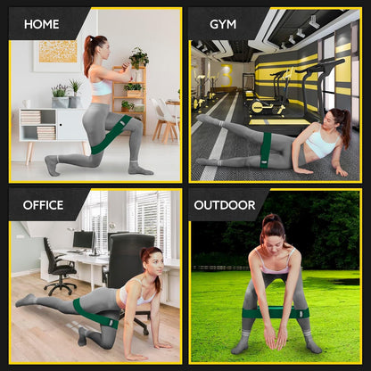Woman using the Tribe Lifting green premium resistance band for home gym office and outdoor workouts