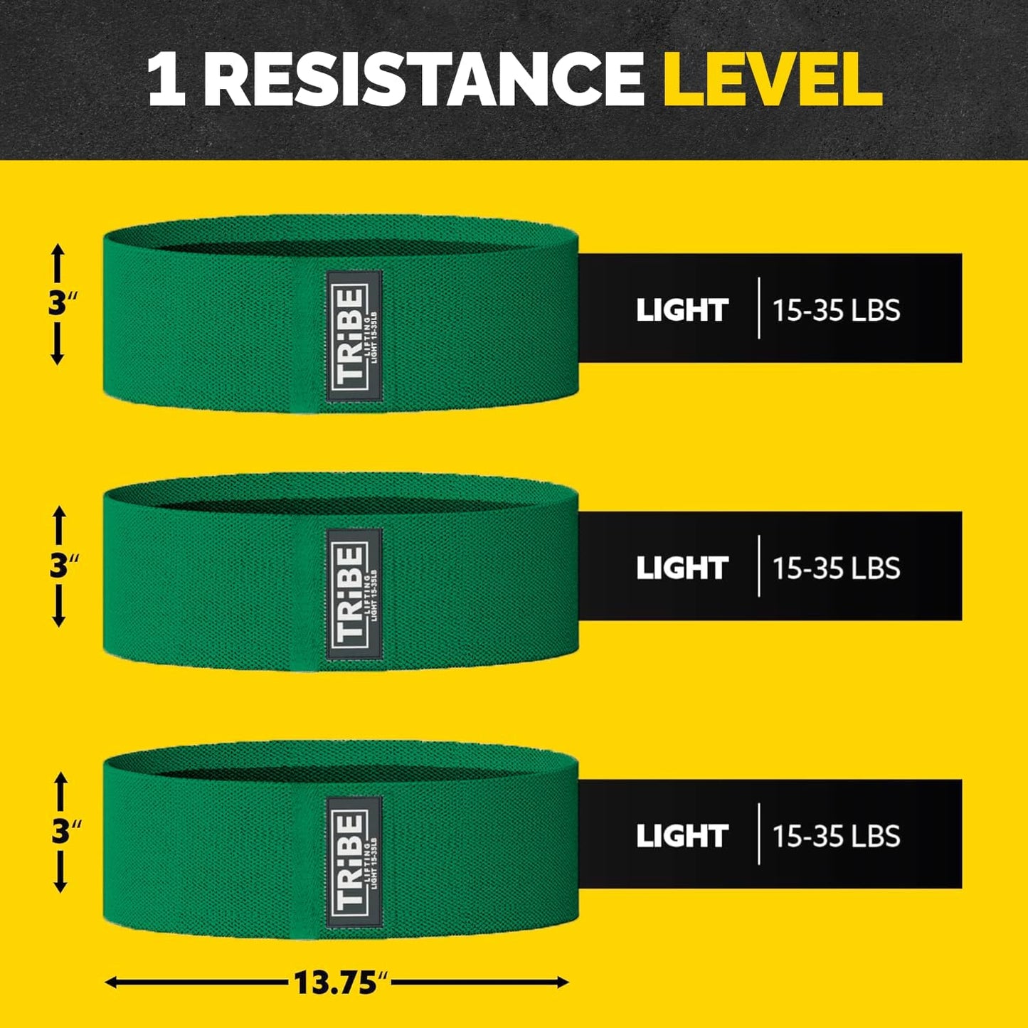 Light resistance chart for the Tribe Lifting green premium resistance band showing 15 to 35 lbs resistance and 13.75 x 3 inch size