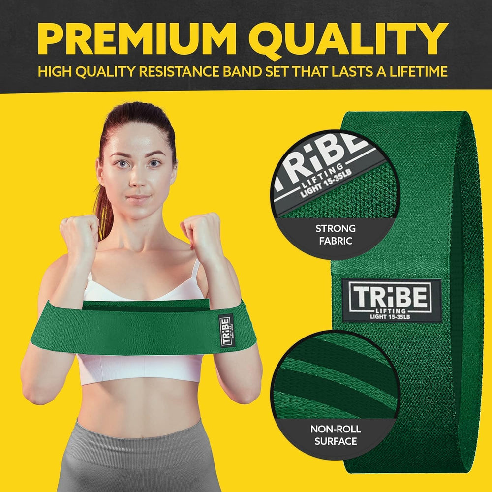 Light resistance band from the Tribe Lifting green premium resistance band collection showing strong fabric and non-roll surface details