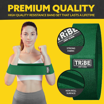 Light resistance band from the Tribe Lifting green premium resistance band collection showing strong fabric and non-roll surface details