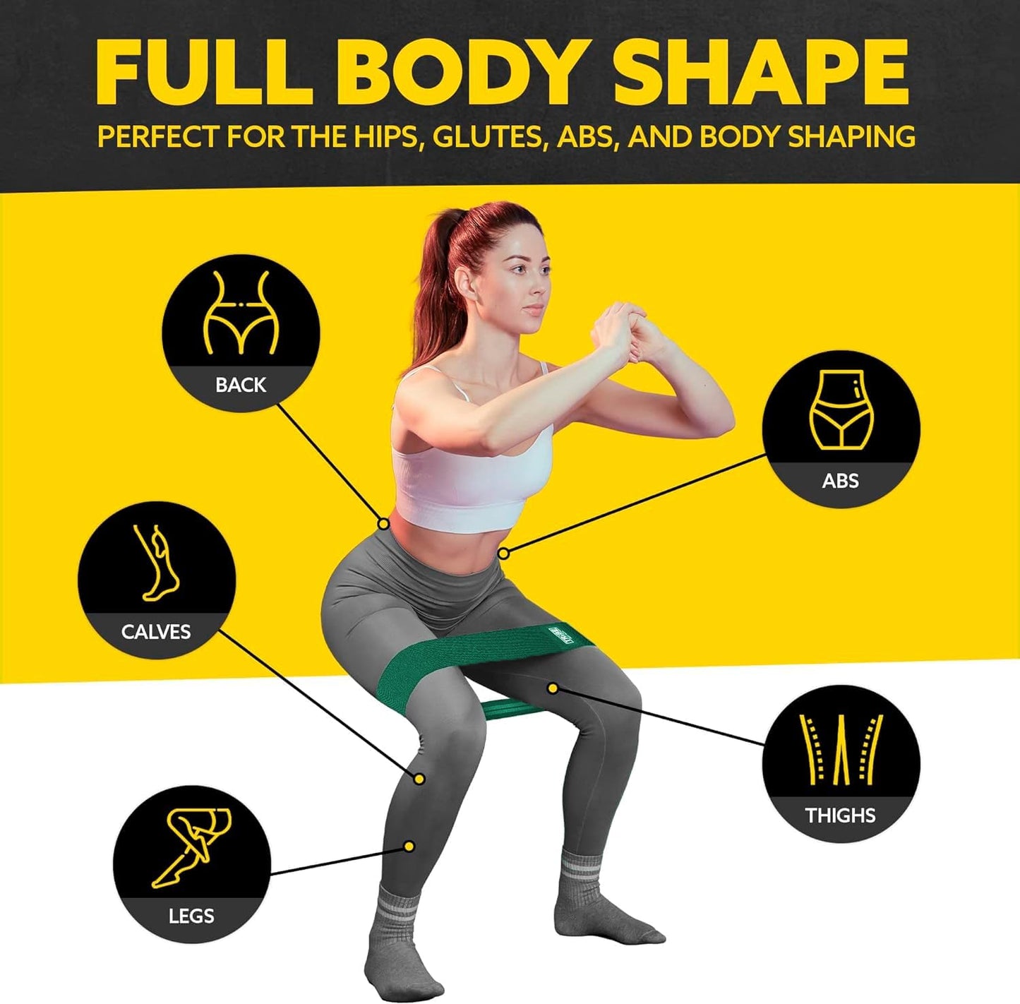 Woman demonstrating a squat with the Tribe Lifting green premium resistance band with target areas highlighted