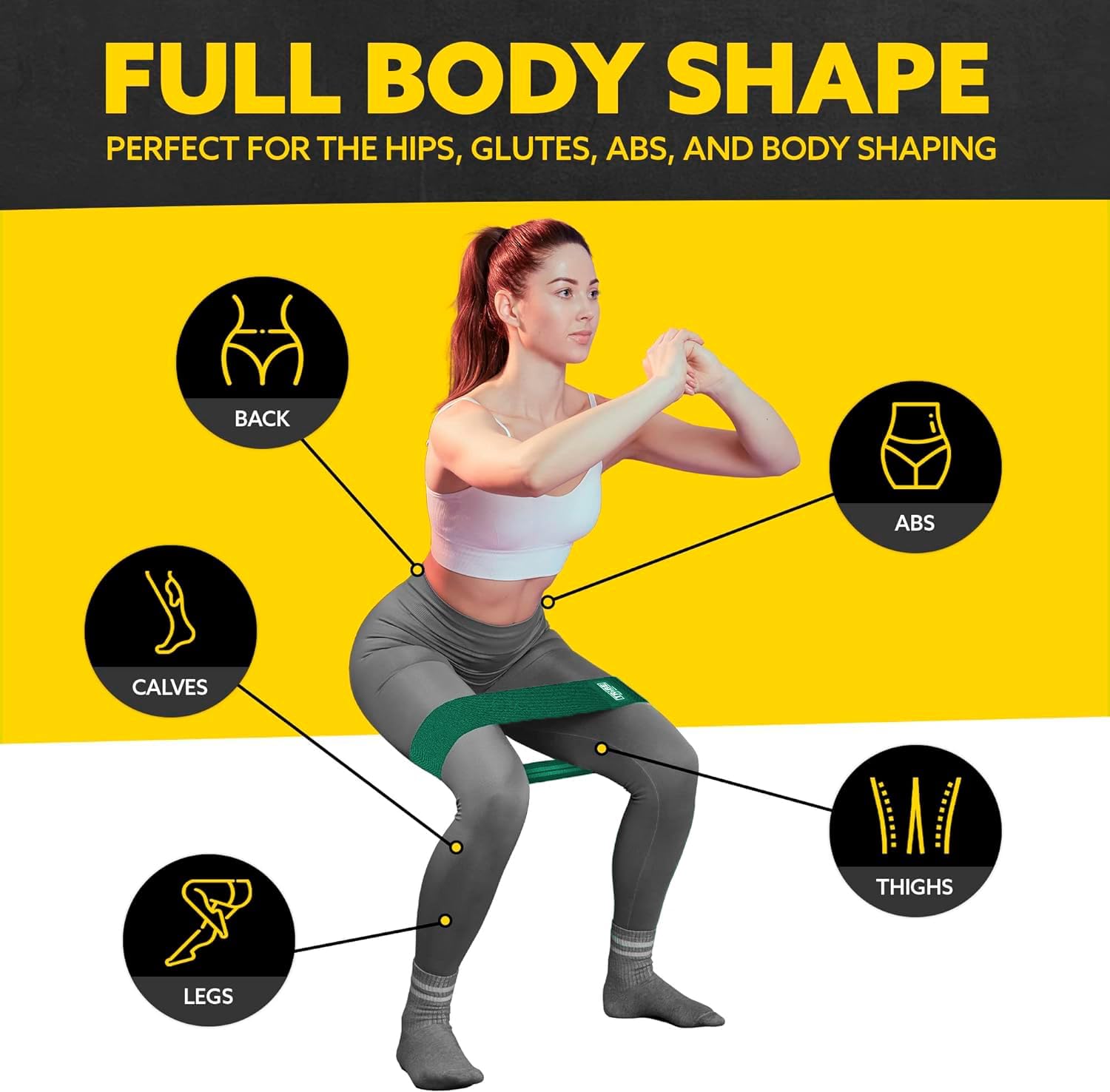 Woman demonstrating a squat with the Tribe Lifting green premium resistance band with target areas highlighted