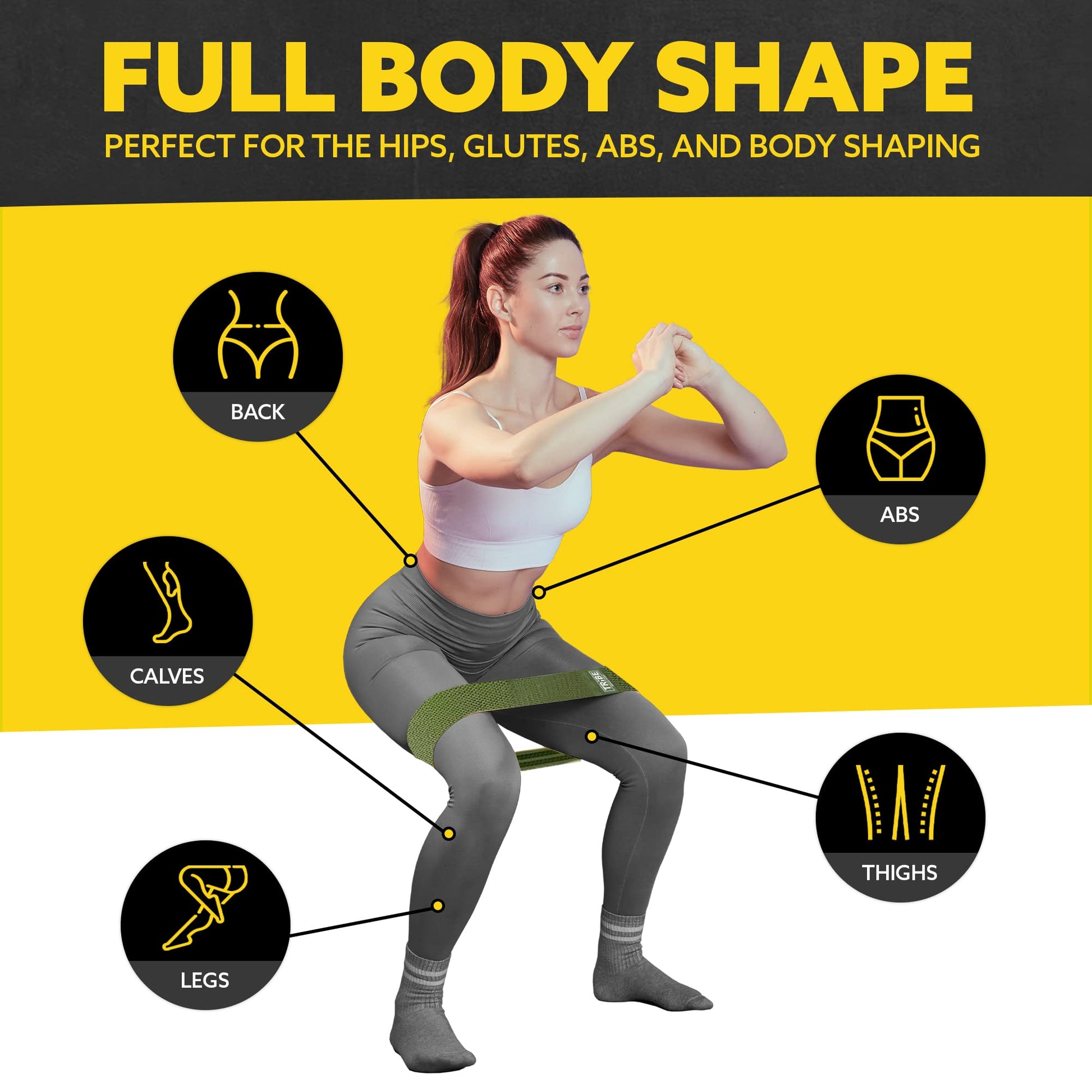 Woman demonstrating a squat with the Tribe Lifting premium resistance bands set 3 with target areas highlighted