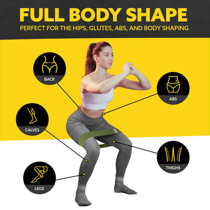 Woman demonstrating a squat with the Tribe Lifting premium resistance bands set 3 with target areas highlighted