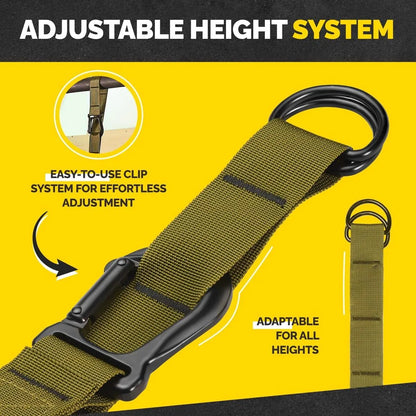 Green Tribe Lifting pull-up assistance strap with adjustable height system, easy-to-use clip, black metal rings, and adaptable fit for different user heights.