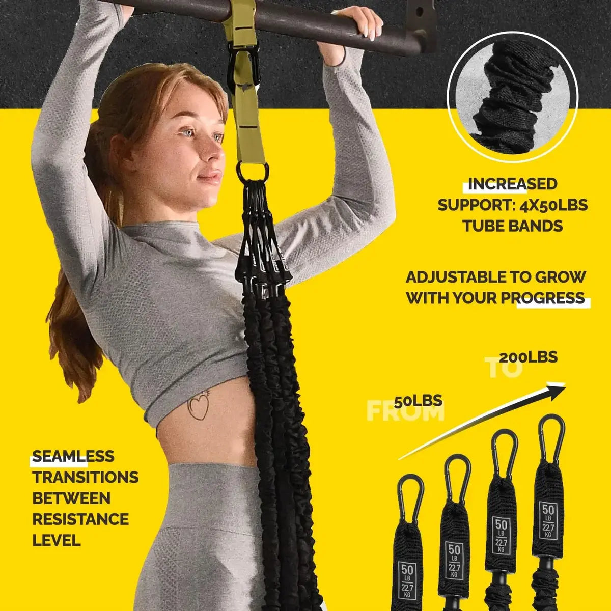 Woman using the green Tribe Lifting pull-up assistance set with four 50 lb tube bands, adjustable resistance support, and seamless resistance level transitions from 50 lbs to 200 lbs.