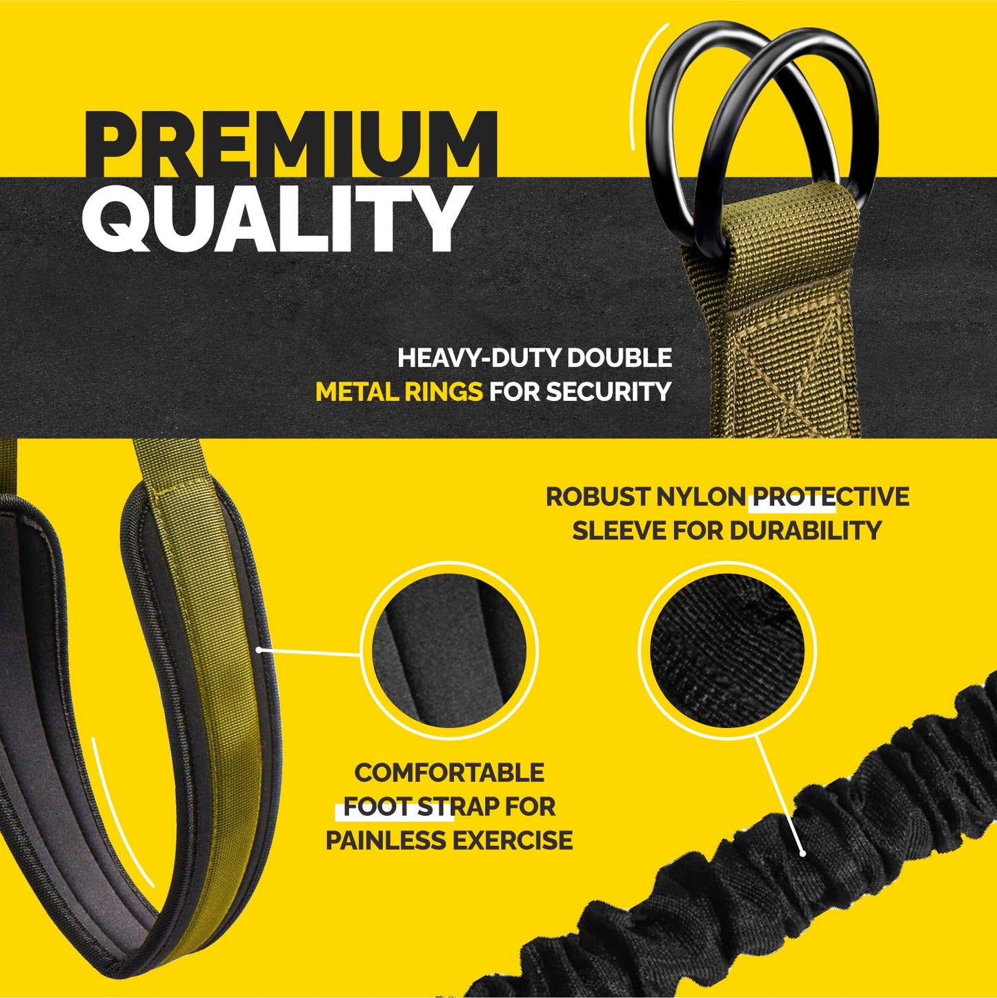 Green Tribe Lifting pull-up assistance set showing heavy-duty double metal rings, comfortable padded foot strap, and robust nylon protective sleeve for durable assisted pull-up training.