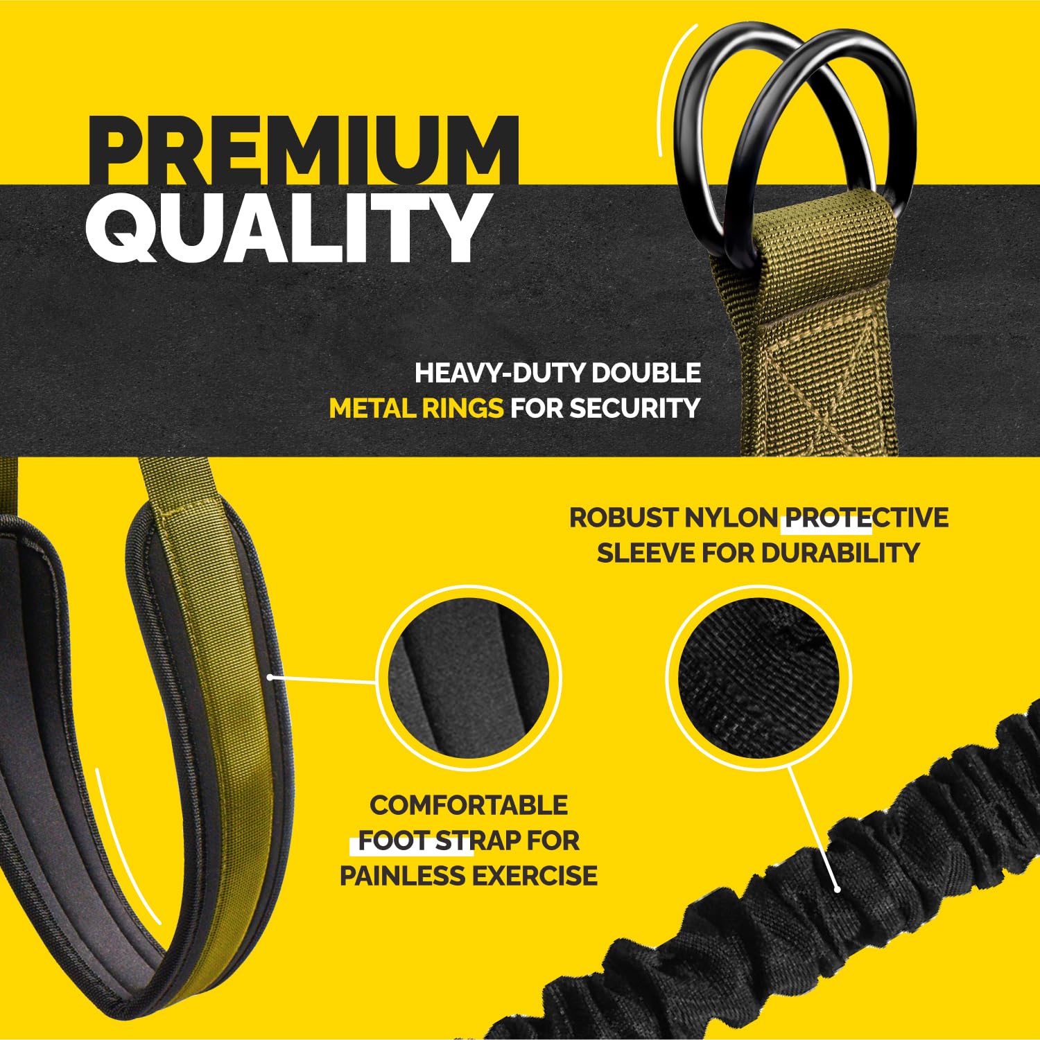 Green Tribe Lifting pull-up assistance set showing heavy-duty double metal rings, comfortable padded foot strap, and robust nylon protective sleeve for durable assisted pull-up training.