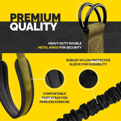 Green Tribe Lifting pull-up assistance set showing heavy-duty double metal rings, comfortable padded foot strap, and robust nylon protective sleeve for durable assisted pull-up training.