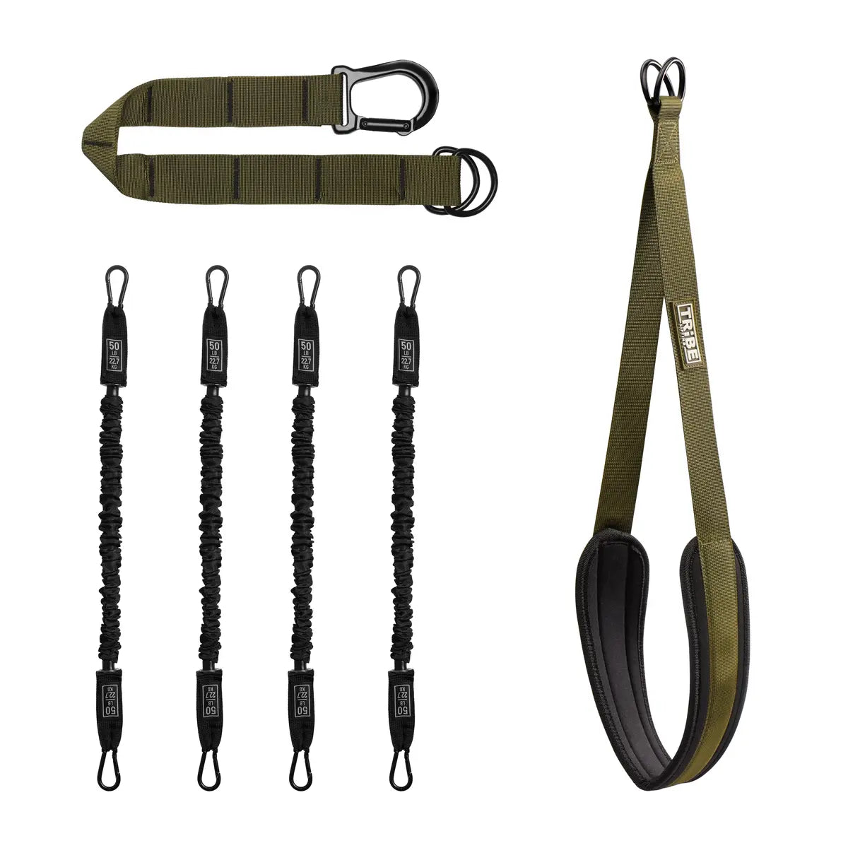 Green Tribe Lifting pull-up assistance set product kit with four 50 lb resistance bands, adjustable extension strap with clip, and padded foot strap for assisted pull-up training.