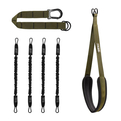 Green Tribe Lifting pull-up assistance set product kit with four 50 lb resistance bands, adjustable extension strap with clip, and padded foot strap for assisted pull-up training.
