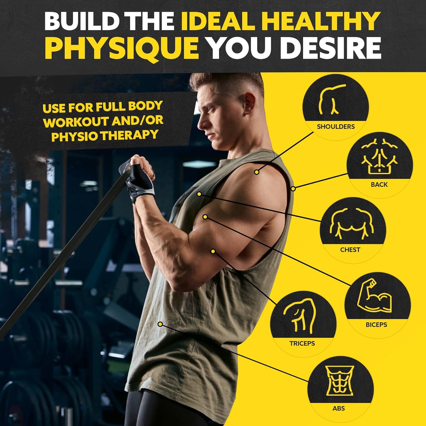 Man using a green Tribe Lifting resistance band for full-body workout and physiotherapy exercises targeting shoulders, back, chest, biceps, triceps, and abs.