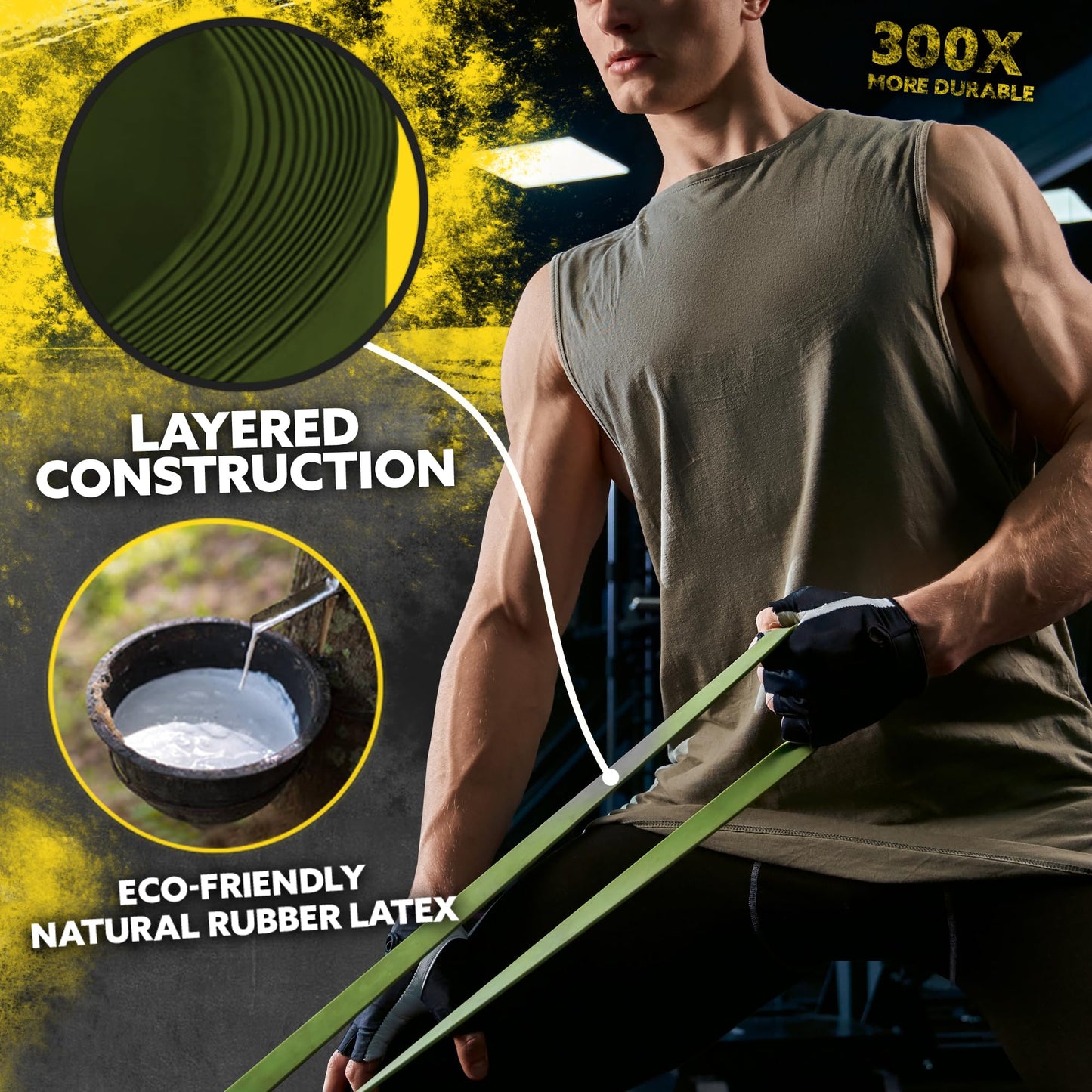 Green Tribe Lifting resistance band close-up showing layered construction, eco-friendly natural rubber latex, and durable design for strength training.