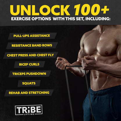 Tribe Lifting green resistance bands for 100 plus exercise options including pull-up assistance, resistance band rows, chest press, bicep curls, squats, and stretching.