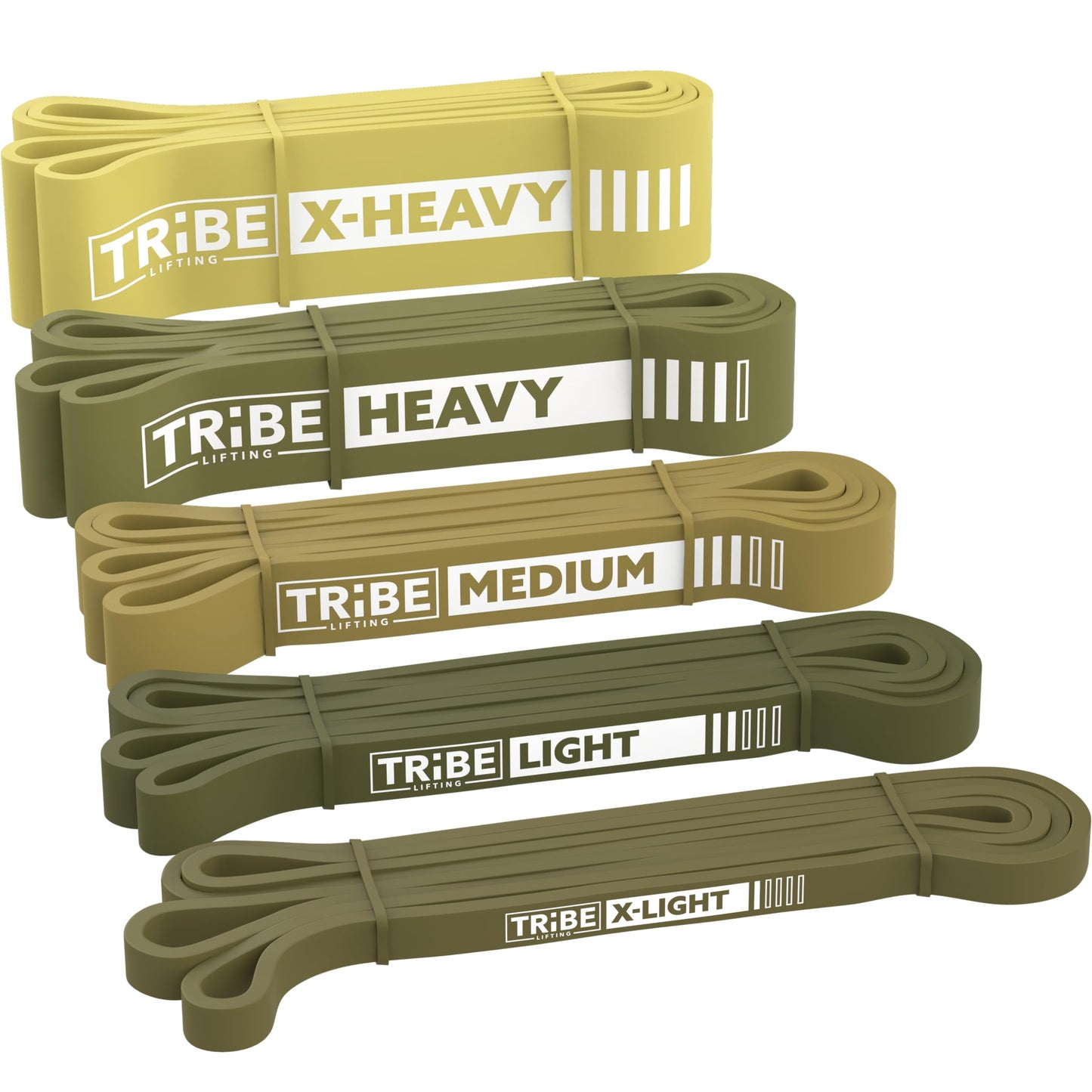 Green Tribe Lifting latex resistance bands set with five loop bands labeled X-Light, Light, Medium, Heavy, and X-Heavy for progressive strength training.