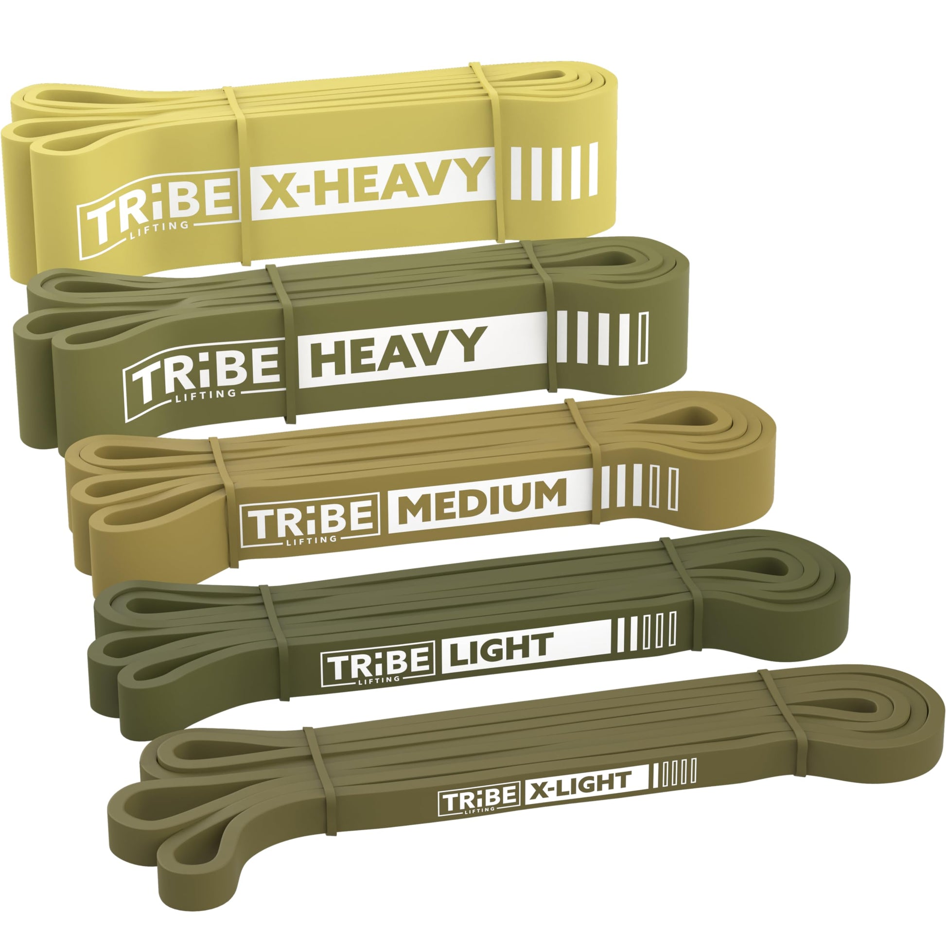 Green Tribe Lifting latex resistance bands set with five loop bands labeled X-Light, Light, Medium, Heavy, and X-Heavy for progressive strength training.