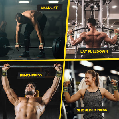 Athletes using green Tribe Lifting wrist wraps and lifting straps for deadlifts, lat pulldowns, bench press, and shoulder press to improve grip support and wrist stability.