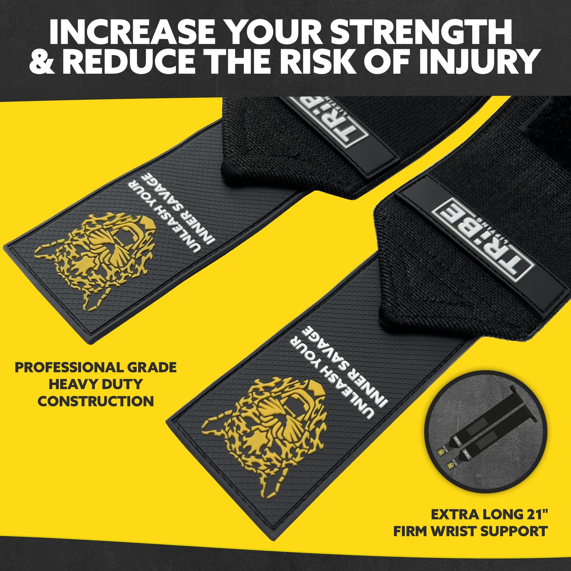 Tribe Lifting heavy-duty 21 inch wrist wraps and lifting straps close-up showing professional grade construction, firm wrist support, silicone grip, and padded straps for weightlifting stability.