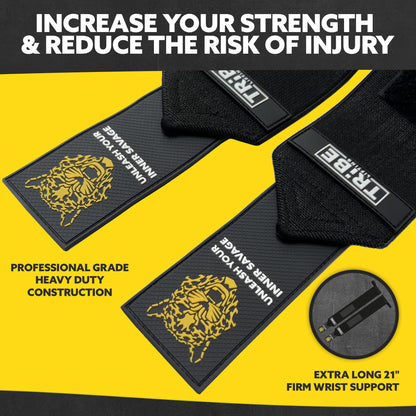 Tribe Lifting heavy-duty 21 inch wrist wraps and lifting straps close-up showing professional grade construction, firm wrist support, silicone grip, and padded straps for weightlifting stability.