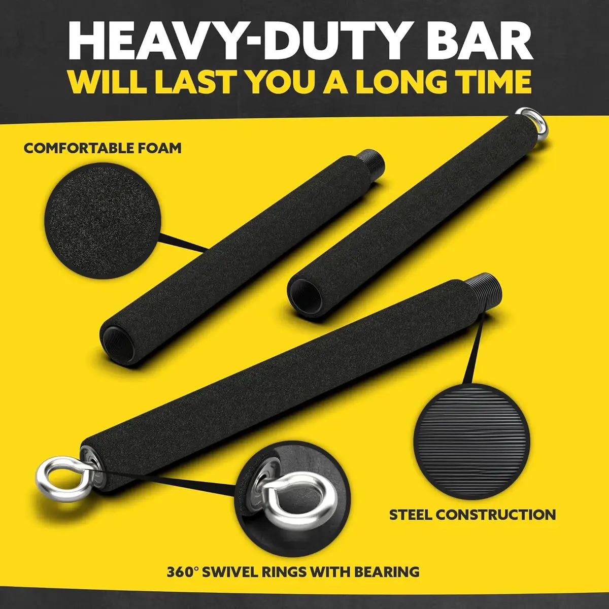 Tribe Lifting heavy-duty black foam resistance band bar with comfortable foam grip, steel construction, and 360 degree swivel rings with bearings for long-lasting strength training use.