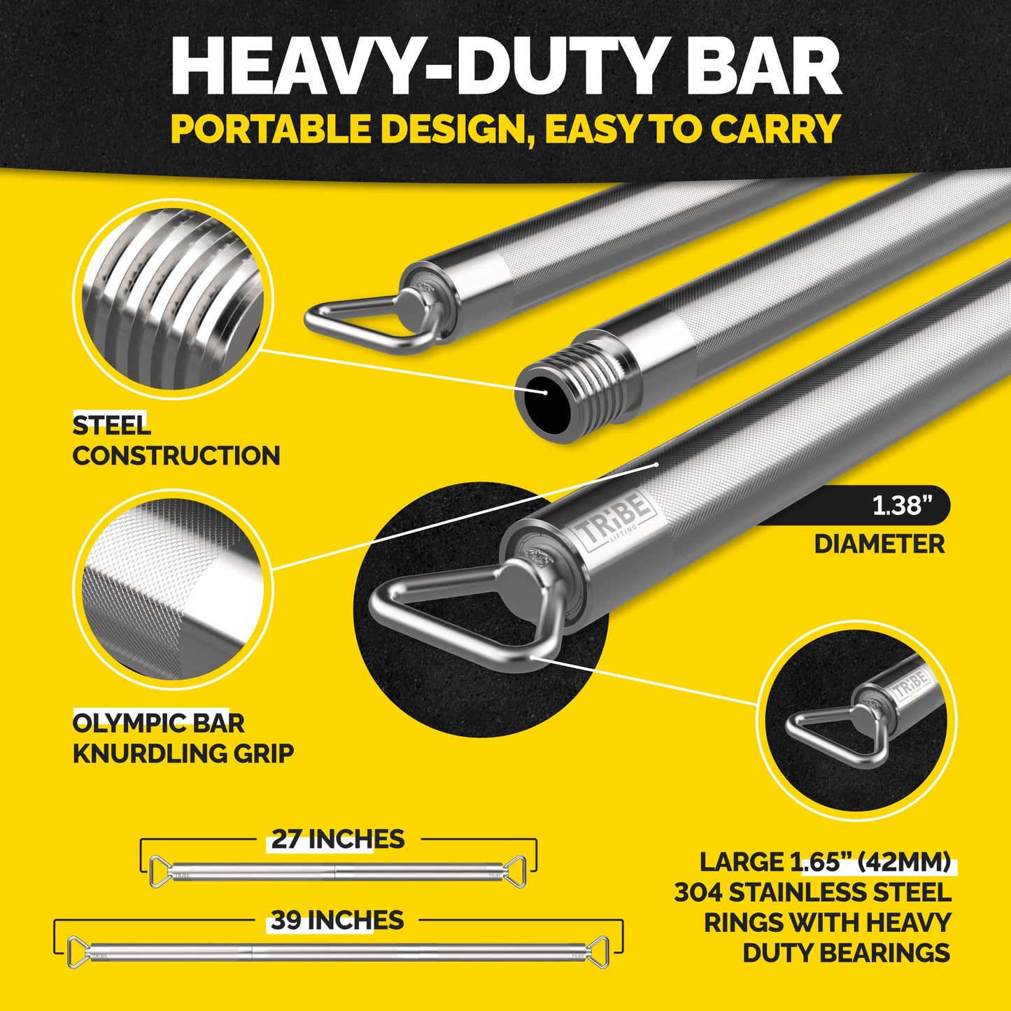Tribe Lifting heavy-duty chrome workout bar with steel construction, knurled grip, stainless steel rings, and portable 3-piece design for resistance bands.