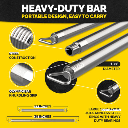 Tribe Lifting heavy-duty chrome workout bar with steel construction, knurled grip, stainless steel rings, and portable 3-piece design for resistance bands.