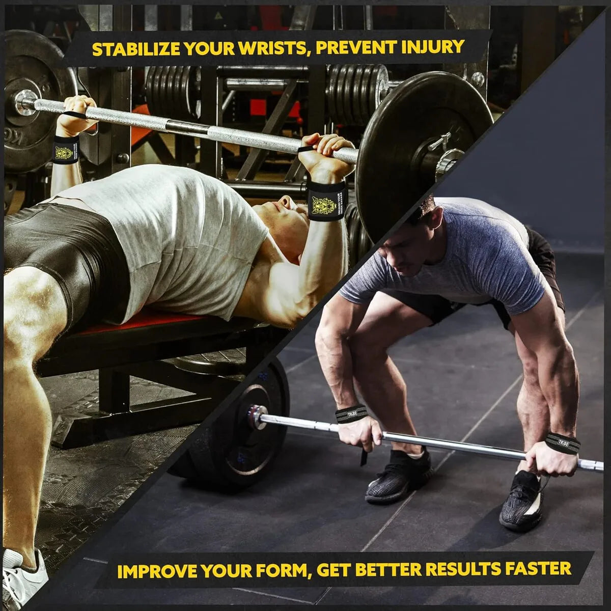 Athletes using Tribe Lifting heavy-duty wrist wraps and lifting straps during bench press and deadlift exercises to stabilize wrists, improve form, and support safer strength training.
